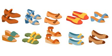 Bir çift yaz ayakkabısı. Moda kadın ayakkabıları koleksiyonu.