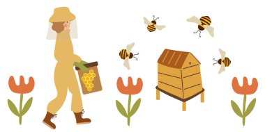 Arıcı karakteri. Çiçekler ve arılar. Arıcılık illüstrasyonu