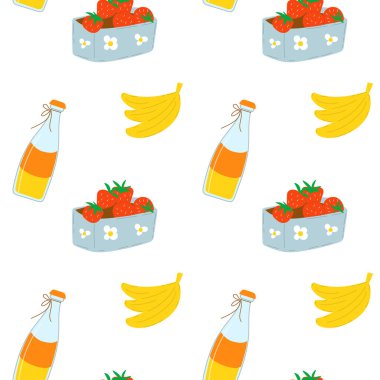 Meyve suyu ve meyve suyuyla kusursuz yaz deseni. Çilek, muz ve içecek..