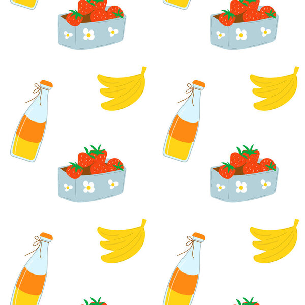 Summer seamless pattern with fruits and bottle of juice. Strawberry, banana and drink.