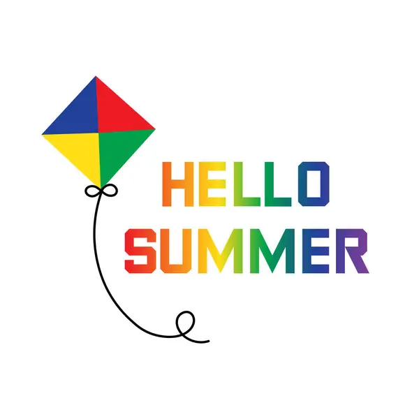 Uçurtmalı Summer posteri. Retro yaz uçurtması. Gökkuşağı metni Merhaba Yaz.