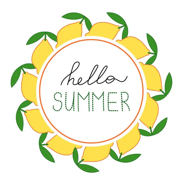 Merhaba, yuvarlak çerçeveli limonlu yaz mesajı. Yaz çelengi.