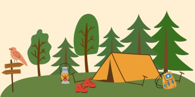 Kamp illüstrasyonu, çadır, ayakkabı ve sırt çantası. Ormanda sarı çadır.