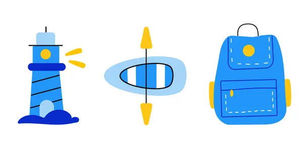 Deniz feneri, tekne ve sırt çantalı seyahat elemanları. Deniz elementlerine yolculuk.