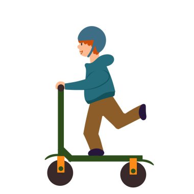 Beyaz arka planda scooter süren küçük bir çocuk..