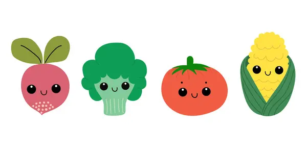 Beyaz arka planda gülümseyen yüzleri olan şirin sebzeler..