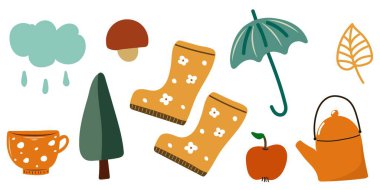 Sıcak ve yağmurlu günler için sonbahar hazırlığı. Lastik ayakkabılı, şemsiyeli, mantarlı ve elmalı şirin bir sonbahar seti..