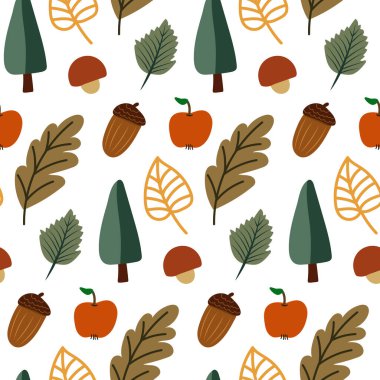 Sıcak sonbahar, meşe palamudu, ağaç, yaprak ve elmayla pürüzsüz desen.