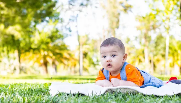 4 aylık güzel bir bebek kot pantolon ve turuncu tişört giymiş, parkta yüzüstü yatıyor.