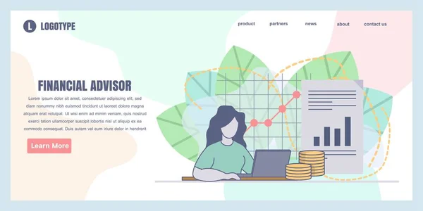 Finansal danışman konsepti illüstrasyonu için web sayfası tasarım şablonları, web sayfası tasarımı için mükemmel, pankart, mobil uygulama, iniş sayfası, Düz Vektör illüstrasyonu