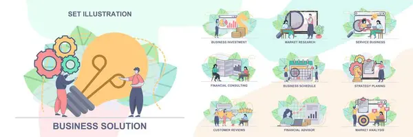 İşletme yönetimi için web sayfası tasarım şablonları, finansal danışman. İş çözümleri, finansal danışmanlık web sitesi insan karakterleri kompozisyonu. Modern vektör resimleme kavramları