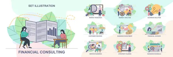 İşletme yönetimi için web sayfası tasarım şablonları, finansal danışman. İş çözümleri, finansal danışmanlık web sitesi insan karakterleri kompozisyonu. Modern vektör resimleme kavramları