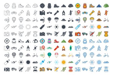 Macera mega simgesi seti, yaz kampı sembolleri koleksiyonu, logo illüstrasyonları, turizm veya yürüyüş işaretleri izole edilmiş vektör ilüstrasyonları