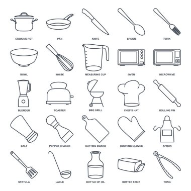 Yemek pişirme simgesi seti, Bıçak, Bowl, Blender ve daha fazla sembol koleksiyonu, logo izole vektör ilülasyonu gibi simgeleri içerir