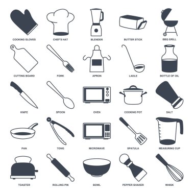 Yemek pişirme simgesi seti, Bıçak, Bowl, Blender ve daha fazla sembol koleksiyonu, logo izole vektör ilülasyonu gibi simgeleri içerir
