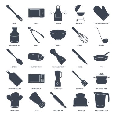 Yemek pişirme simgesi seti, Bıçak, Bowl, Blender ve daha fazla sembol koleksiyonu, logo izole vektör ilülasyonu gibi simgeleri içerir