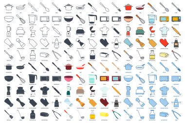 Yemek mega set simgesi seti, Bıçak, Bowl, Blender ve daha fazla sembol koleksiyonu, logo izole vektör ilüstrasyonunu içeren simgeler