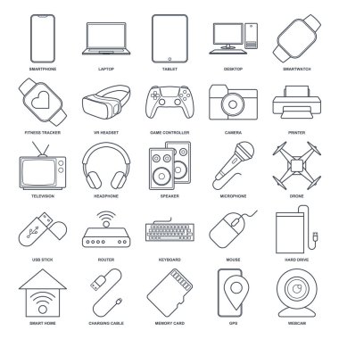 aygıt simgesi seti, Laptop, Drone, Hoparlör, gamepad ve daha fazla sembol koleksiyonu, logo izole vektör ilülasyonu gibi simgeleri içerir