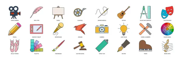 Sanat simgesi seti, tasarım ve çizim sembolleri koleksiyonu, logo illüstrasyonları, sanat ve eğlence işaretleri piktogramlar izole edilmiş vektör ilüstrasyonları