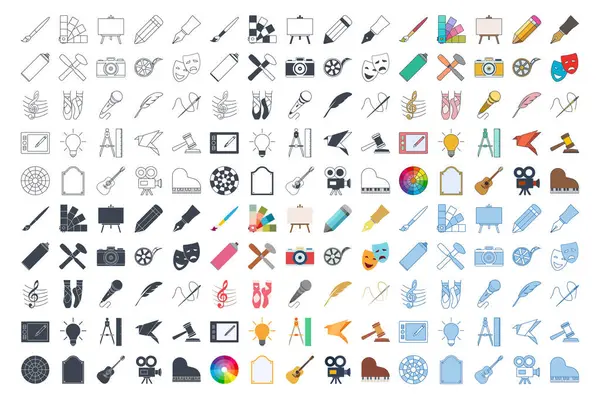 Sanat simgesi mega set, tasarım ve çizim sembolleri koleksiyonu, logo illüstrasyonları, sanat ve eğlence işaretleri piktogramlar izole edilmiş vektör ilüstrasyonları