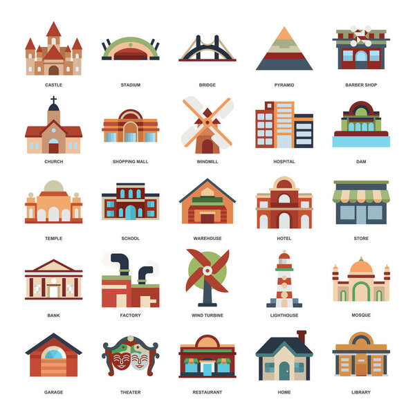 Детальная векторная иллюстрация, представляющая различные типы зданий: дом, фабрика, школа, мечеть, больница и многое другое. Каждая иконка четко отображает свою структуру