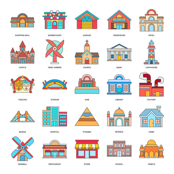 Детальная векторная иллюстрация, представляющая различные типы зданий: дом, фабрика, школа, мечеть, больница и многое другое. Каждая иконка четко отображает свою структуру