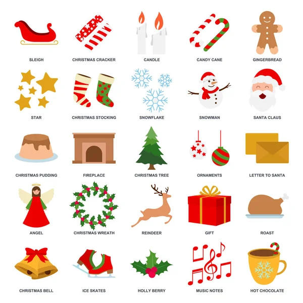 Noel Ağacı, Noel Baba, Sıcak Çikolata ve daha fazla sembol koleksiyonu, logo izole vektör çizimi gibi simgeleri içeren Noel ve Yeni Yıl simgeleri seti