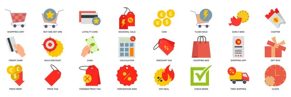 İndirim simgesi seti, Price Tag, Early Bird, Shopping Bag, Credit Card ve daha fazla sembol koleksiyonu, logo izole vektör ilülasyonu gibi simgeleri içerir