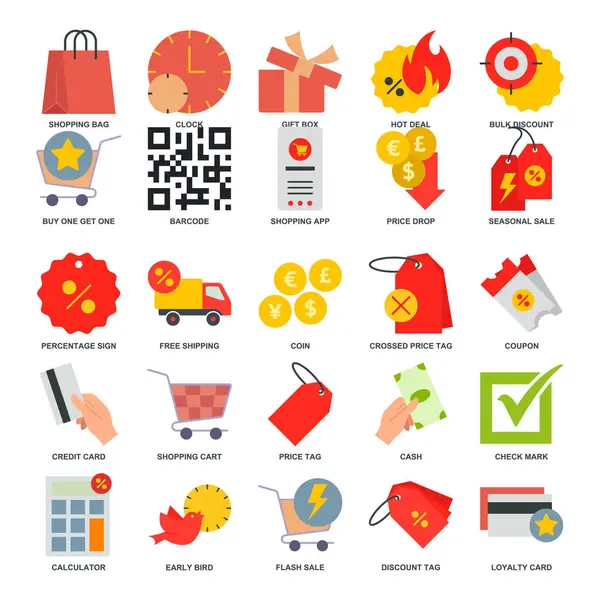İndirim simgesi seti, Price Tag, Early Bird, Shopping Bag, Credit Card ve daha fazla sembol koleksiyonu, logo izole vektör ilülasyonu gibi simgeleri içerir