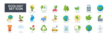 Ekoloji ve Çevre, grafik ve web tasarım koleksiyonu logo taşıyıcı illüstrasyonu için düz simge şablonu belirledi