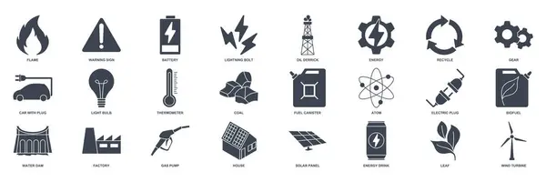 Yenilenebilir enerji, yeşil teknoloji simgesi seti, Ampul, Dizin, Güneş Paneli, Batarya ve daha fazla sembol koleksiyonu, logo izole vektör çizimi gibi simgeleri içerir.