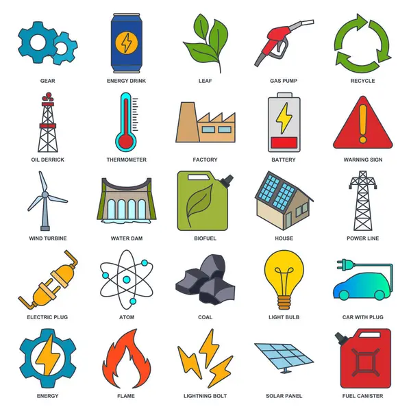 Yenilenebilir enerji, yeşil teknoloji simgesi seti, Ampul, Dizin, Güneş Paneli, Batarya ve daha fazla sembol koleksiyonu, logo izole vektör çizimi gibi simgeleri içerir.