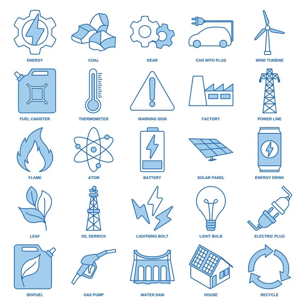 Yenilenebilir enerji, yeşil teknoloji simgesi seti, Ampul, Dizin, Güneş Paneli, Batarya ve daha fazla sembol koleksiyonu, logo izole vektör çizimi gibi simgeleri içerir.