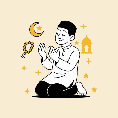 Kurban töreninden sonra diz çöküp huzur içinde dua eden bir adam Kurban Vektörü illüstrasyonundan sonra Kurban El Adha Mübarek için