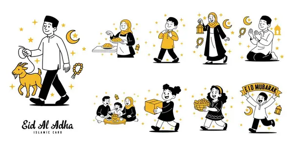 Kurban, dua, hediye paylaşımı, aile toplantıları ve bayram kutlamalarının eğlenceli sahnelerinin yer aldığı, Kurban Bayramı için karikatür vektör illüstrasyonları serisi. Tasarımlar temiz.