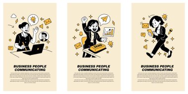 İş iletişiminin vektör illüstrasyonu, sanal takım toplantısındaki bir kadın, e-posta gönderme ve cep telefonuyla temiz, modern bir çizgi film tarzında sohbet etme..