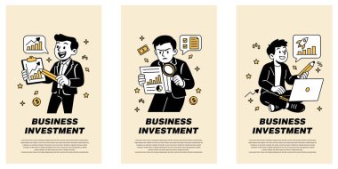 Yatırım grafiklerini, mali raporlarını analiz eden ve yatırım stratejisi üzerinde çalışan neşeli ve odaklı işadamlarını gösteren vektör illüstrasyon seti