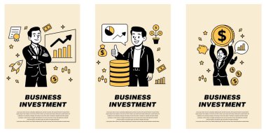 Yatırım büyüme grafikleri, dev para yığınları ve finansal başarı simgeleri olan kendine güvenen iş karakterlerini gösteren vektör illüstrasyon seti