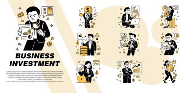 Vektör illüstrasyon seti analiz, kaydetme, yatırım ve planlama gibi finansal faaliyetlerdeki çeşitli karakterleri gösterir