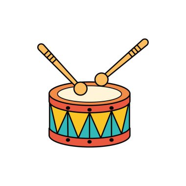 Canlı bir çizgi film çizimi, iki tahta çubuklu davul, oyuncu bir tasarım sergiliyor. Müzikteki yaratıcılığın ve neşenin mükemmel bir temsili..
