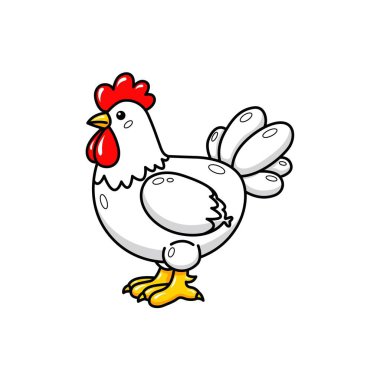 Neşeli bir ifadeye sahip çizgi film tarzı canlı bir tavuk. Çiftlik hayatı, eğitim ve çocuk temalarıyla ilgili projeler için mükemmel.