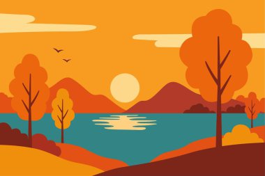 Göz kamaştırıcı bir günbatımının olduğu canlı bir sonbahar manzarasının tadını çıkar. Ağaçlar dingin bir göl oluşturur, sakin ve renkli bir açık hava manzarası yaratır. Rahatlamak için ideal..