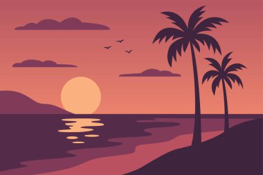 Sakin bir tropikal gün batımı sahnesinde sıcak bir gökyüzüne karşı siluetli palmiye ağaçları yer alır. Sakin sular günbatımını yansıtır, dinlenmek ve tatil temaları için ideal sakin bir atmosfer yaratır..