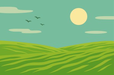 Parlak bir güneş ve yumuşak mavi gökyüzünün altında yuvarlanan yeşil tepelerin yer aldığı huzurlu bir manzara çizimi. Huzuru ve doğayı iletmek için ideal..