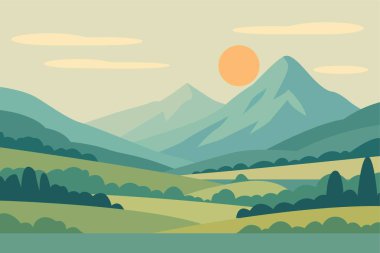 Yumuşak tepeler ve sıcak bir güneş içeren sakin bir dağ manzarası keşfedin. Yumuşak pastel tonlar sanatsal tasarımlar için mükemmel, sakin bir atmosfer yaratır..