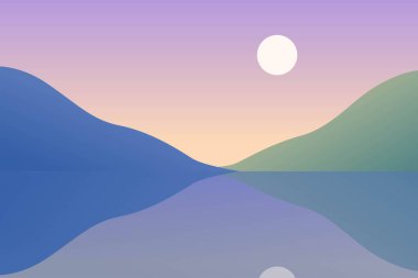 Güneşin doğuşunda Pastel Dağları 'nın yer aldığı sakin bir manzara sakin suları yansıtır. Yumuşak gradyanlar rahatlama ve meditasyon için mükemmel sakin bir atmosfer yaratıyor..