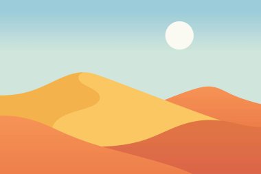 Parlak bir güneşin altında yuvarlanan kum tepelerini gösteren sakin bir çöl manzarası. Bu minimalist sahne doğanın sadeliğinin dingin güzelliğini tasvir eder..