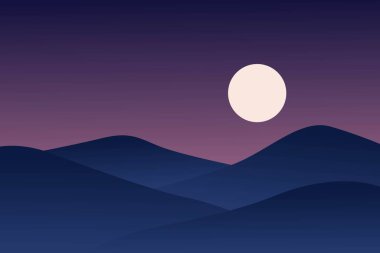 Yuvarlanan tepeleri aydınlatan dolunayın olduğu sakin bir manzara. Bu sakin illüstrasyon, yumuşak eğimli renklerle gecenin sükunetini yakalar, rahatlamayı ve yansımayı davet eder..