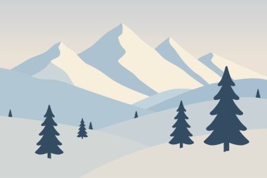 Çam ağaçlarının yer aldığı sakin ve minimalist bir dağ manzarası çizimi. Serin palet sükuneti iletir ve doğanın güzelliğini yansıtır..