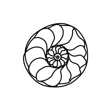 Soyut Nautilus Deniz Kabuğu Simgesi. Tek Hat Spiral Doodle. El çizimi Minimalist Yaz Sahil Hazinesinin Siyah ve Beyaz Vektörü.